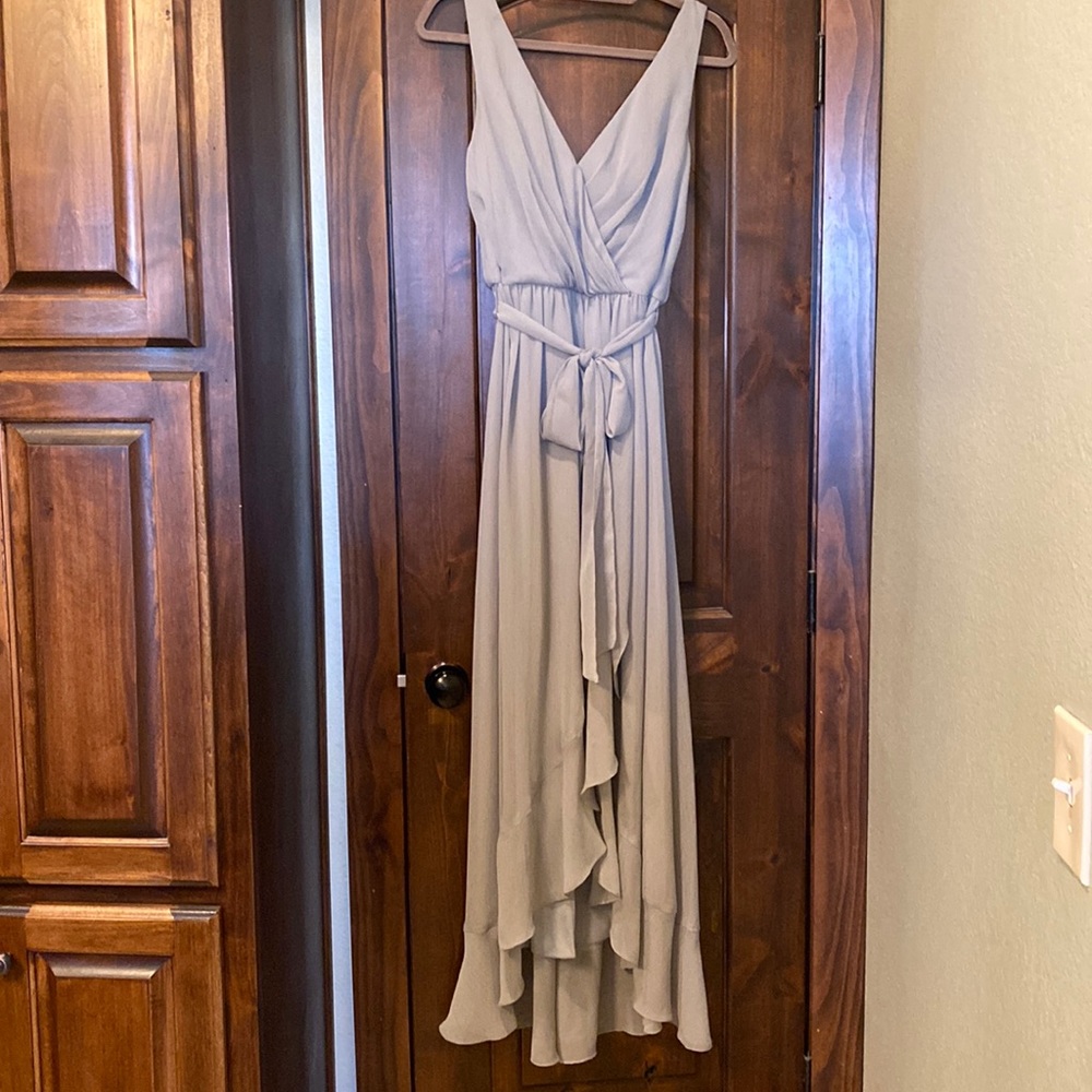 New ladies David’s Bridal long chiffon faux wrap ruffle dress.